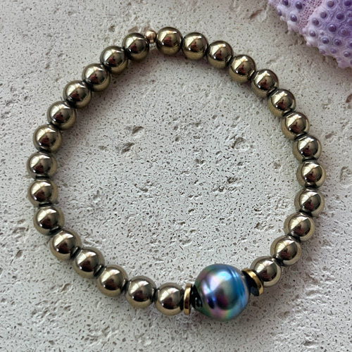 RAINBOW CERCLE TAHITIAN PEARL PYRITE BALL BRACELET M (B45)