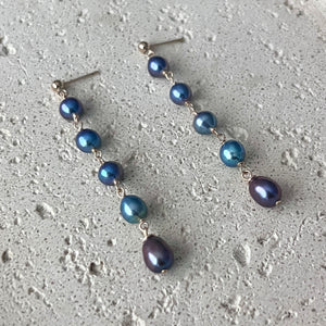 WATERFALL PEACOCK BLUE FRESHWATER KESHI EARRINGS GF (E6)