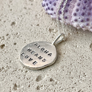 ALOHA MEANS LOVE LARGE COIN PENDANT NECKLACE 24" SS (N30)