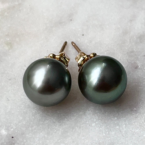 9.4MM GREEN TAHITIAN PEARL STUDS GF (E7)