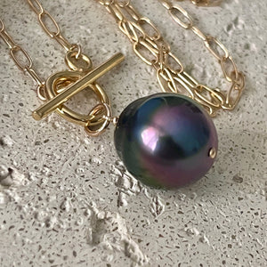 BOMBUCHA DARK PEACOCK TAHITIAN PEARL TOGGLE NECKLACE 18" GF (N47)