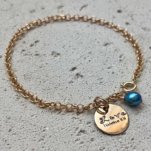LOVE SCRIPT COIN CHARM ROLO BRACELET 7