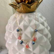 SUNRISE SHELL CHIPS & BLUE KESHI PEARL NECKLACE 16" GF (N19)