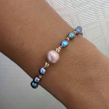 PINK KNOTTED EDISON PEARL AND BLUE KESHI BRACELET 7" (B17)
