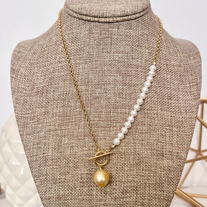 GOLDEN SOUTH SEA ROLO & EDISON PEARL TOGGLE NECKLACE 18" GF (N23)