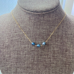 DAINTY TRIPLE PEACOCK BLUE FW KESHI NECKLACE 17" GF (N13)