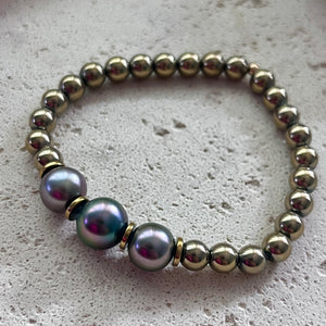 3X TAHITIAN PEARL PYRITE BALL BRACELET M (B5)