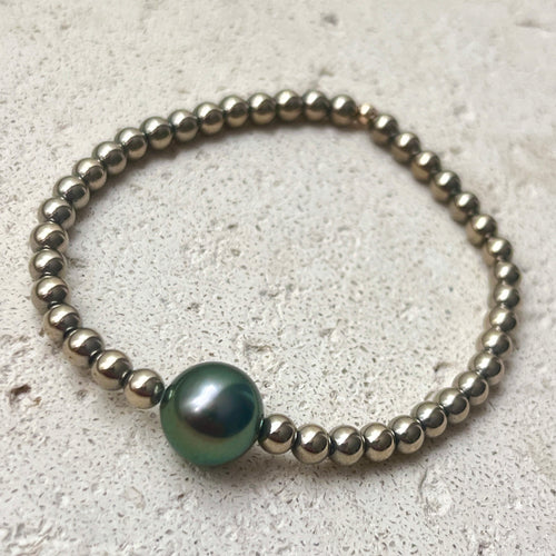 GREEN TAHITIAN PEARL SM PYRITE BALL BRACELET M (B64)