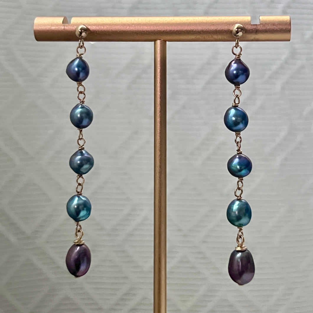 WATERFALL PEACOCK BLUE FRESHWATER KESHI EARRINGS GF (E6)