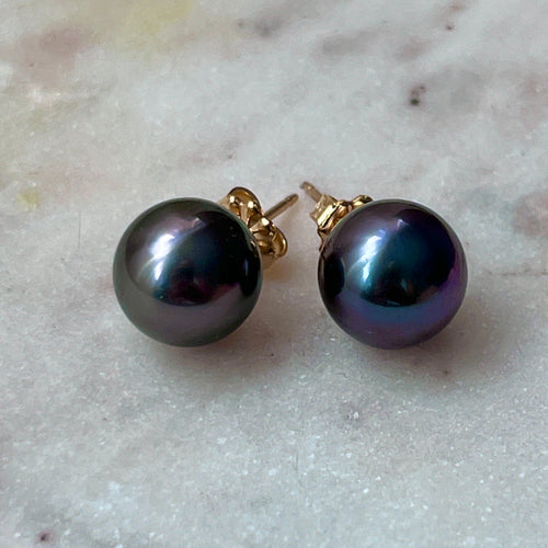 9.8MM DARK TAHITIAN PEARL STUDS GF (E11)