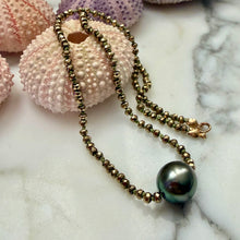 TAHITIAN PEARL KNOTTED PYRITE NECKLACE 15.5" (N31)