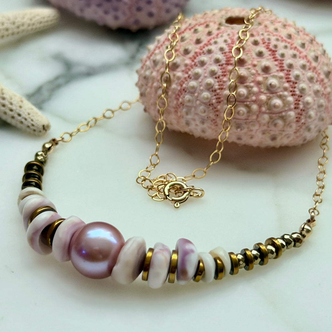 PINK EDISON & 10 PUKA SHELL NECKLACE 17.5