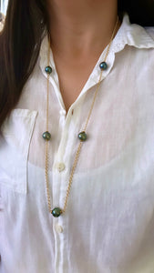GREEN/BLUE 5X TAHITIAN PEARL LONG ROLO NECKLACE GF 33" (N38)